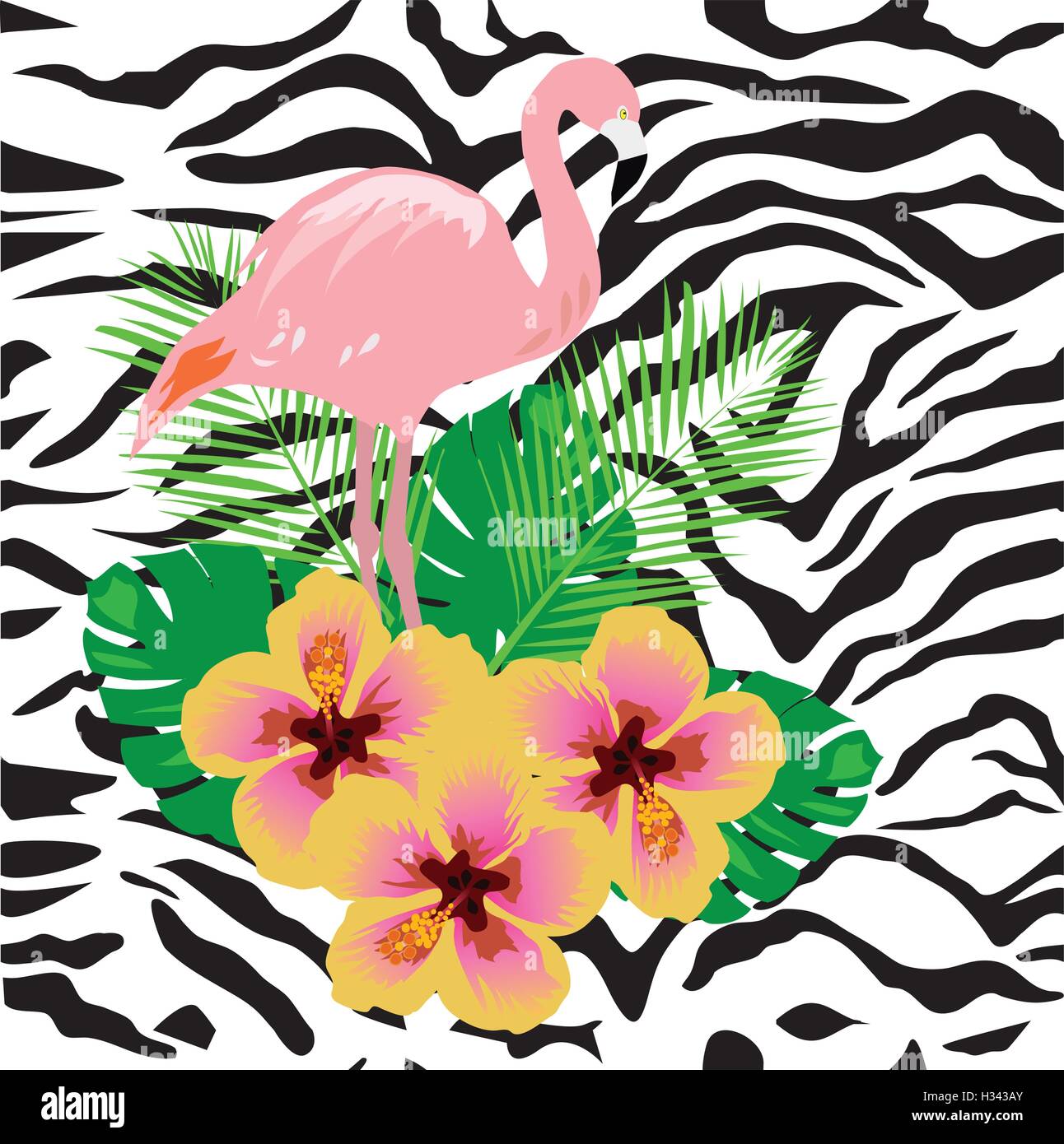 vector illustration of tropical flamingo with flowers on seamless zebra ...