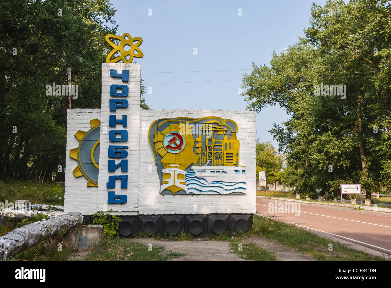 The Chernobyl town sign. Since the explosion of the nuclear power plant ...