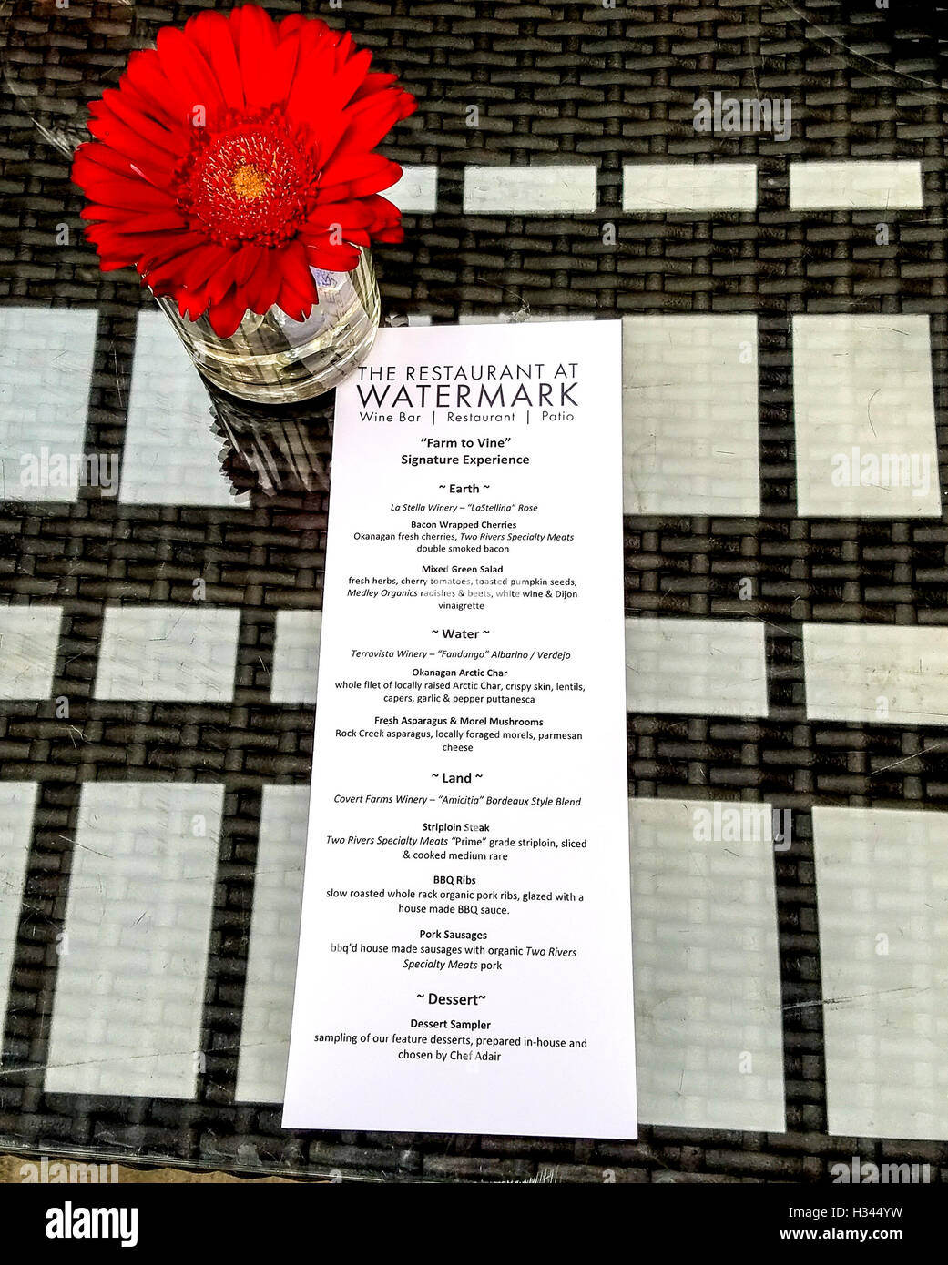 Menu for Farm to Vine Signature Experience dinner at Watermark Resort