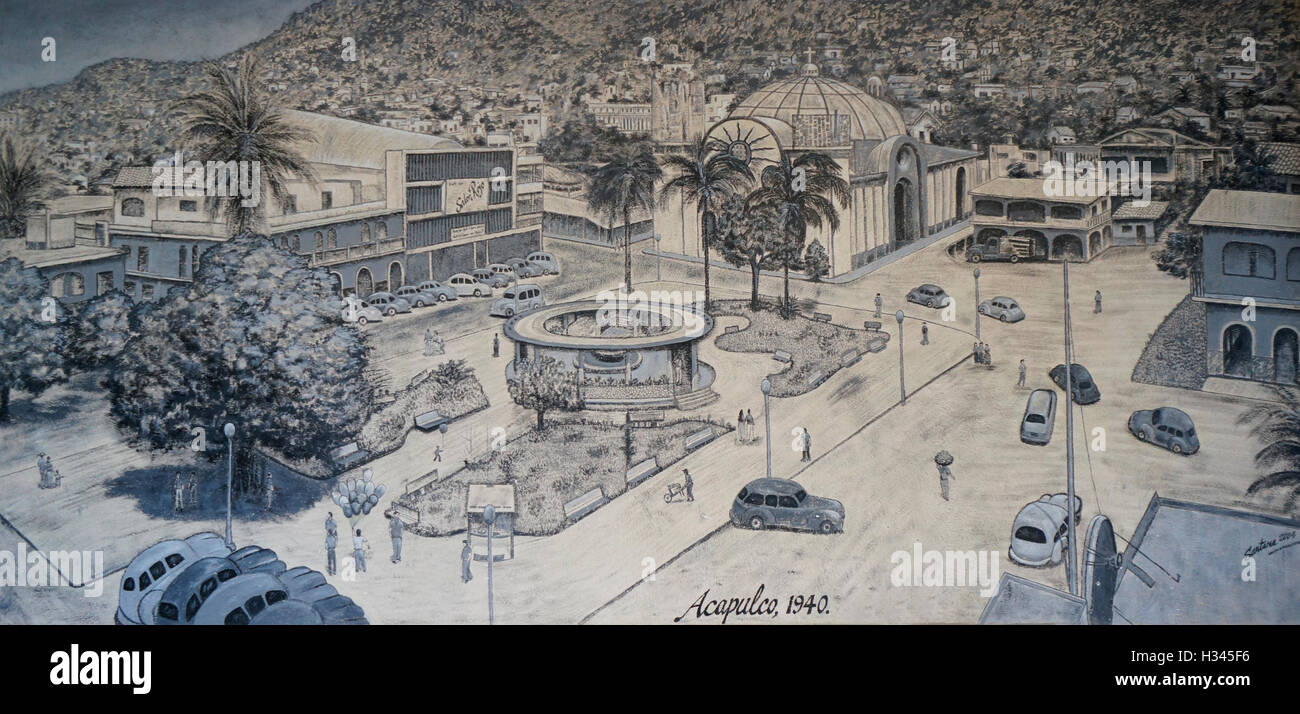 Old drawing of the Zocalo in Acapulco in 1940, Mexico. Stock Photo