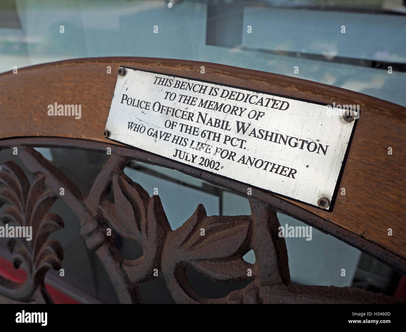 Bench dedicated to the memory of Detroit police officer Nabil Washington. Stock Photo