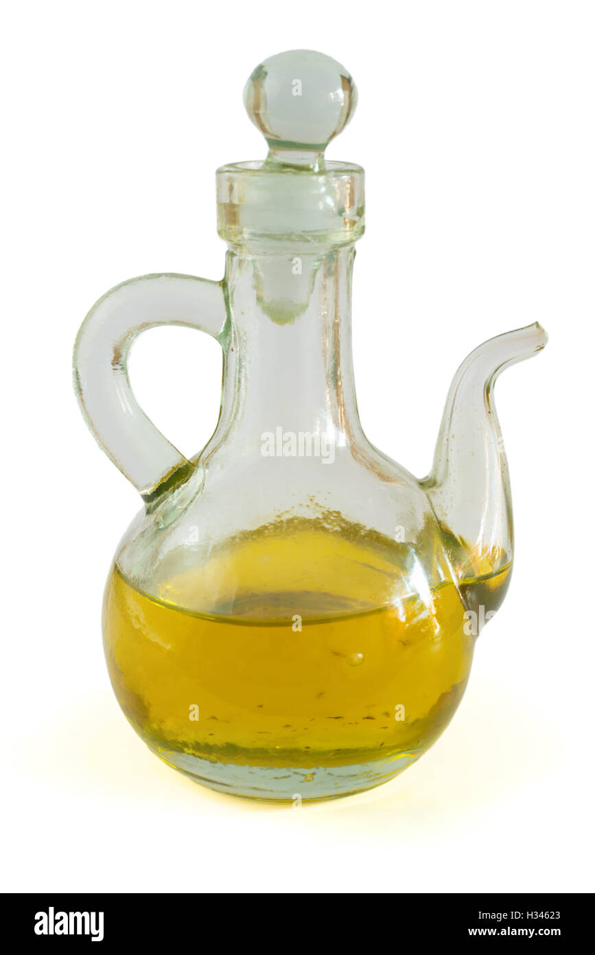 Olive oil in a glass bottle isolated on white Stock Photo
