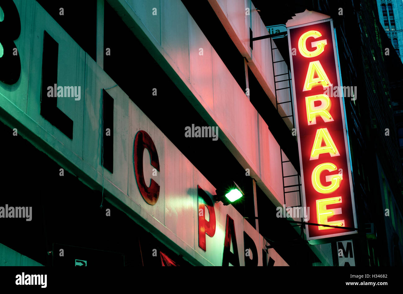 Neon Parking Garage Sign, New York City Stock Photo Alamy