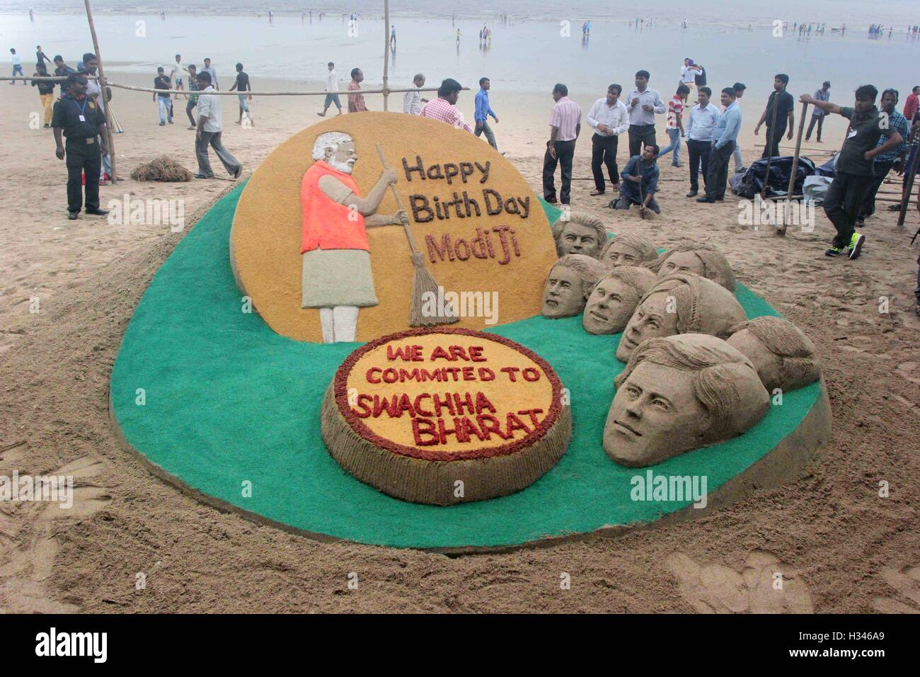 A sand sculpture made by artist Sudarsan Pattnaik wishes Indian Prime