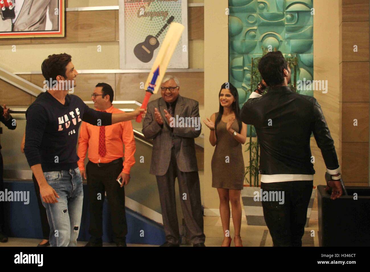 Sushant Singh Rajput ; Indian Bollywood actor at promotion of film M S Dhoni on the sets of Zee Tv serial Kumkum Bhagya in Mumbai India Asia Stock Photo