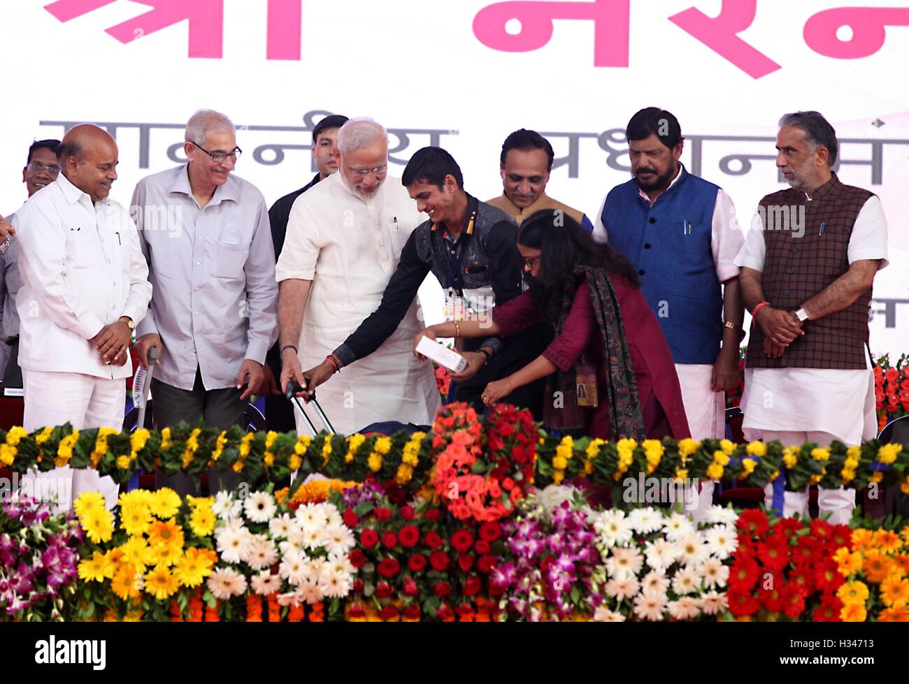 Prime Minister Narendra Modi celebrates his 66th birthday with divyangs, specially-abled persons at Navsari in Gujarat Stock Photo