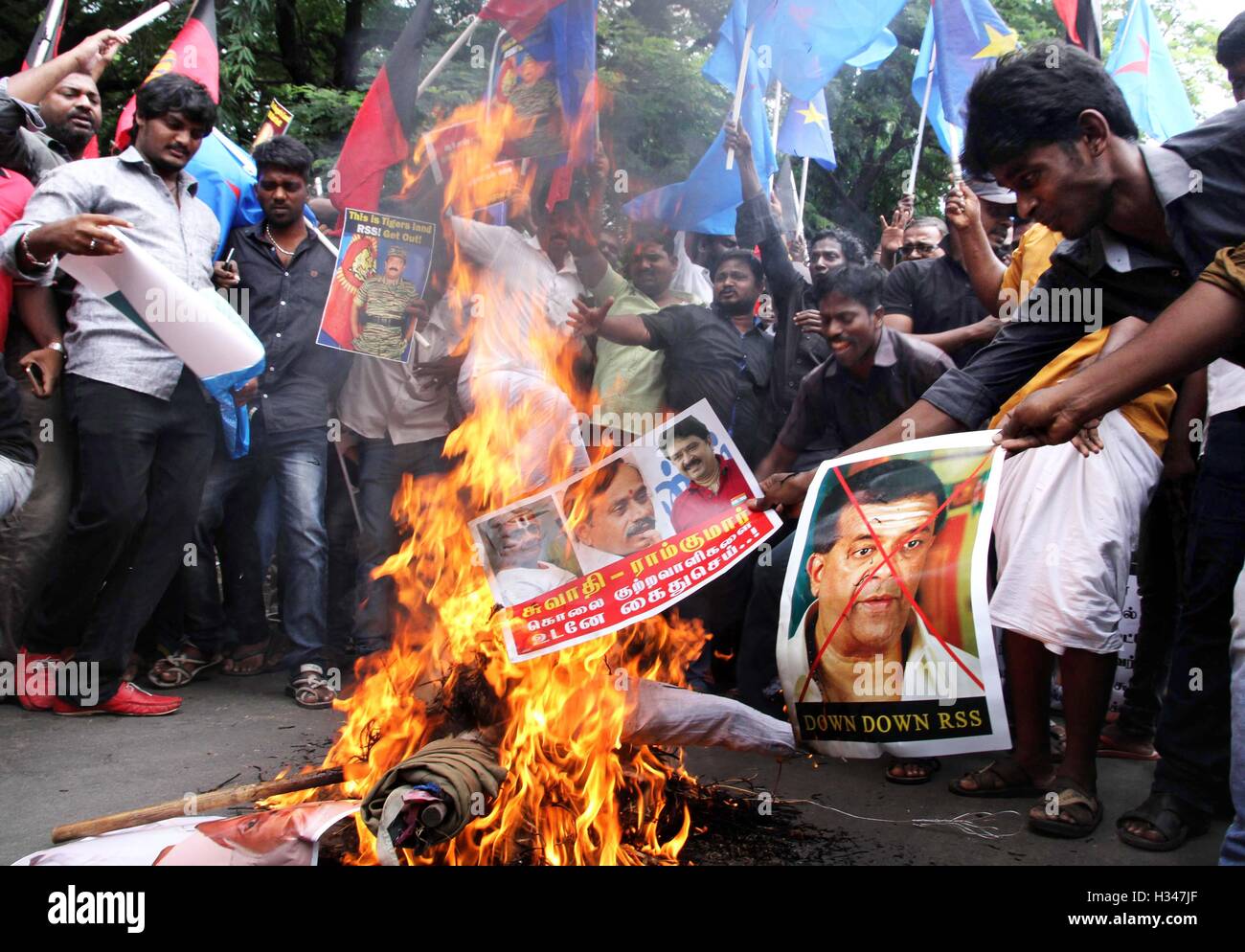 Supporters of several Tamil nationalist parties burn effigies and stage a protest against Kaveri water sharing issue Chennai Stock Photo