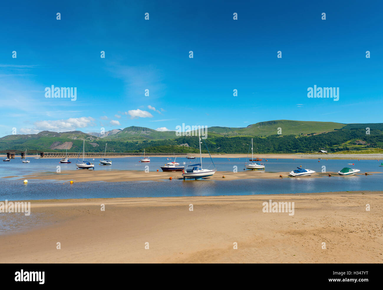 Barmouth Town and Estuary at Low Tide, Gwynedd, North West Wales, UK Stock Photo