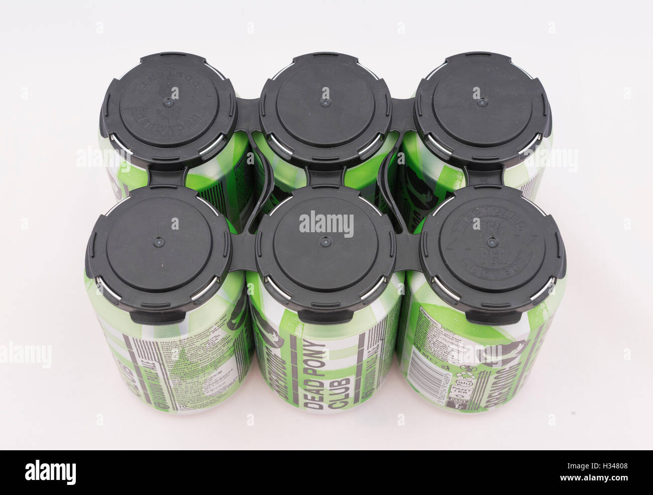 Cans of BrewDog 'Dead Pony Club' beer with PakTech holder. Stock Photo