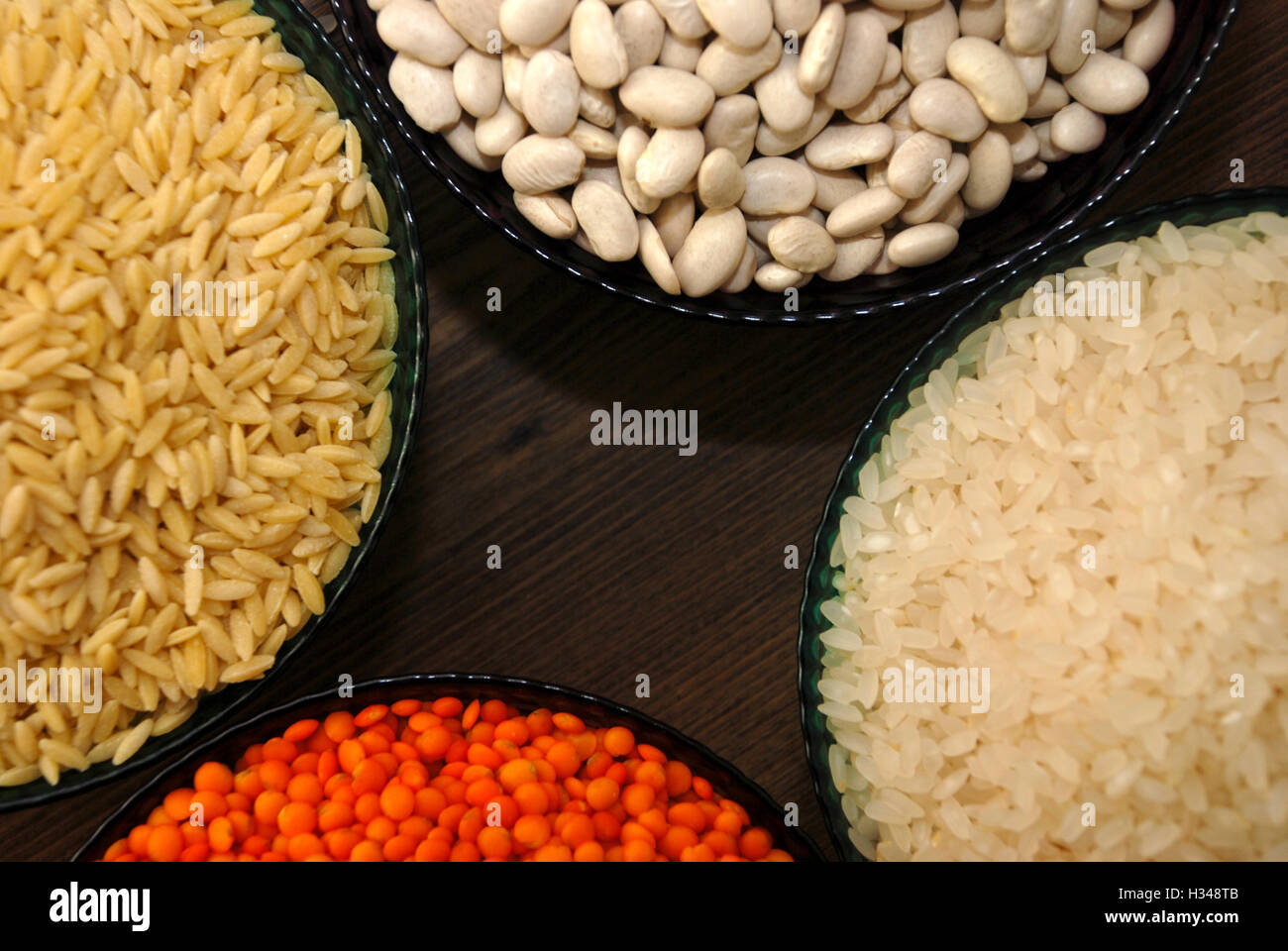 cereals and pulses. Rice, Lentils, haricot bean and barley noodles