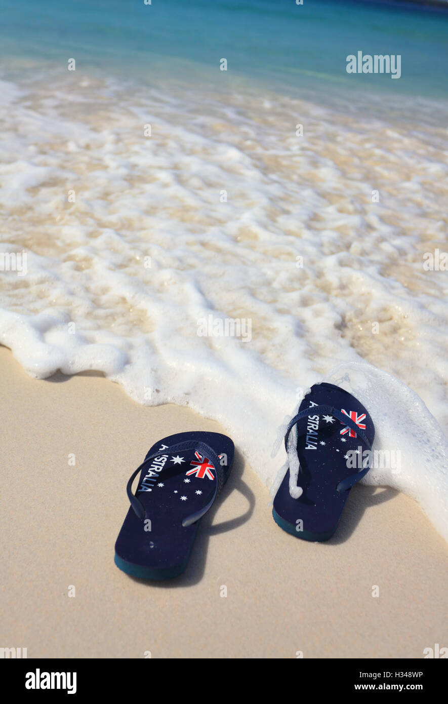 Aussie thongs on on the beach holiday Stock Photo Alamy