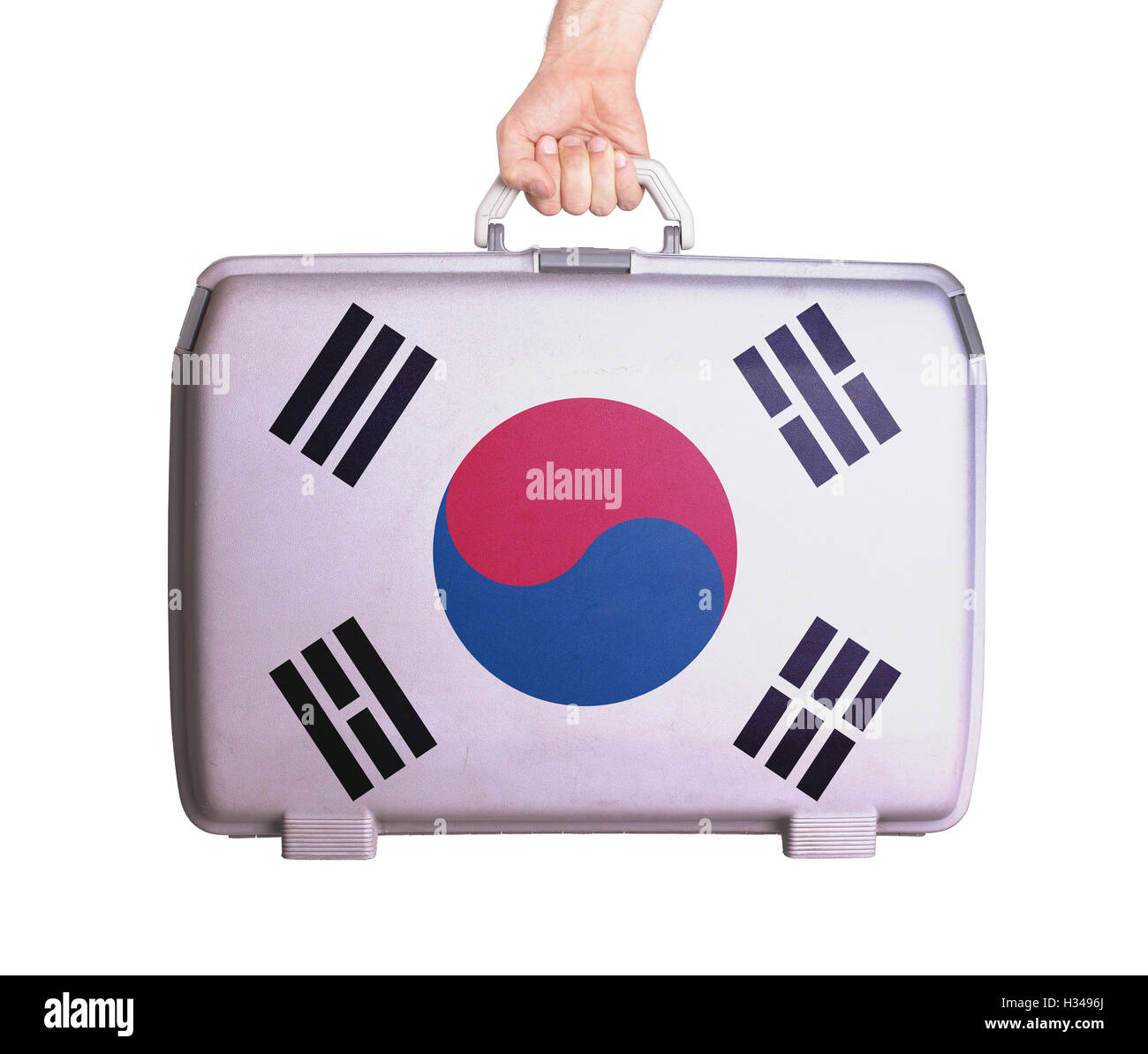 Used plastic suitcase with stains and scratches Stock Photo Alamy