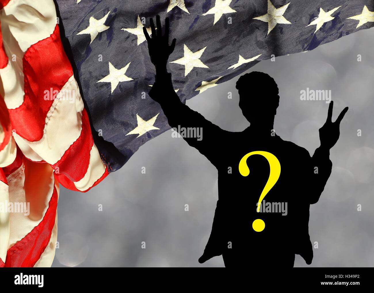 Vote 2016 Trump vs Clinton:who will be the next US President? Rippled american flag against blurred sparkling background with silhouette of next POTUS Stock Photo
