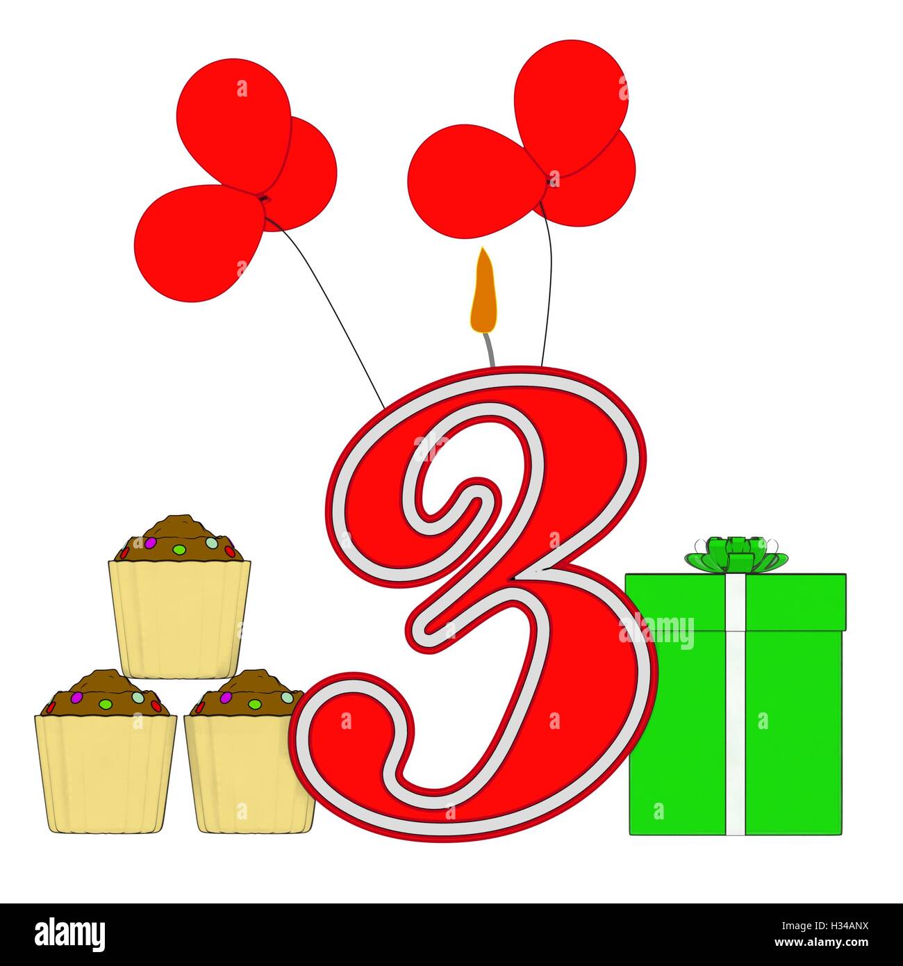 number-three-candle-shows-birthday-presents-and-cupcakes-stock-photo