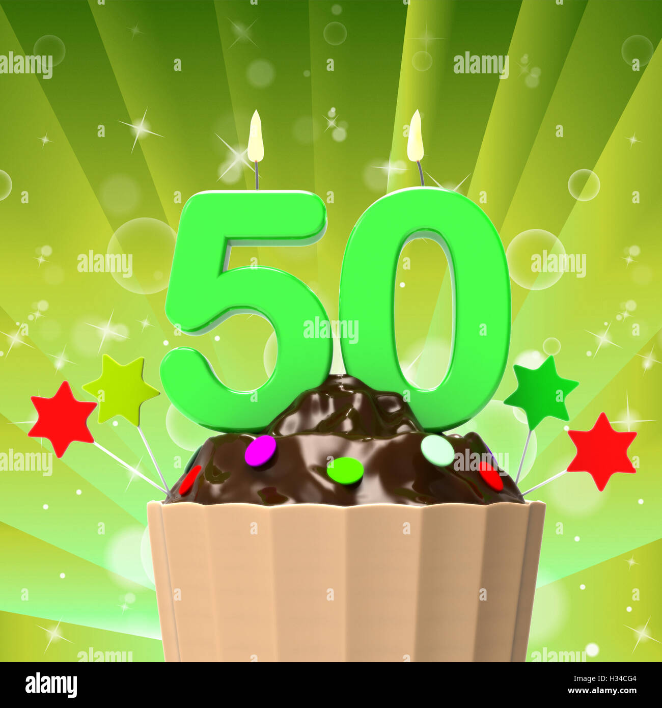 Fifty Candle On Cupcake Shows Fiftieth Anniversary Or Remembranc Stock Photo