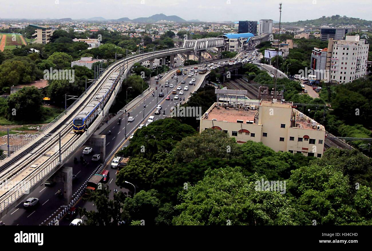 The second stretch of the Metro Rail open for public in Chennai, India on September 21, 2016. The Metro Rail Stock Photo