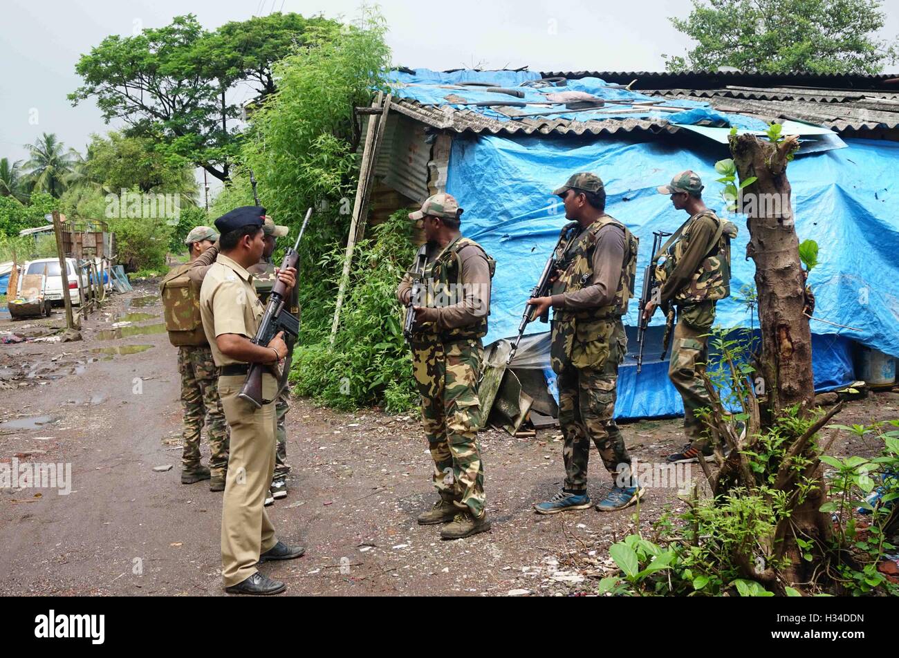 Force One commandos conduct a search and combing operation slum area of Uran, about 47 km East of Mumbai, India on September Stock Photo