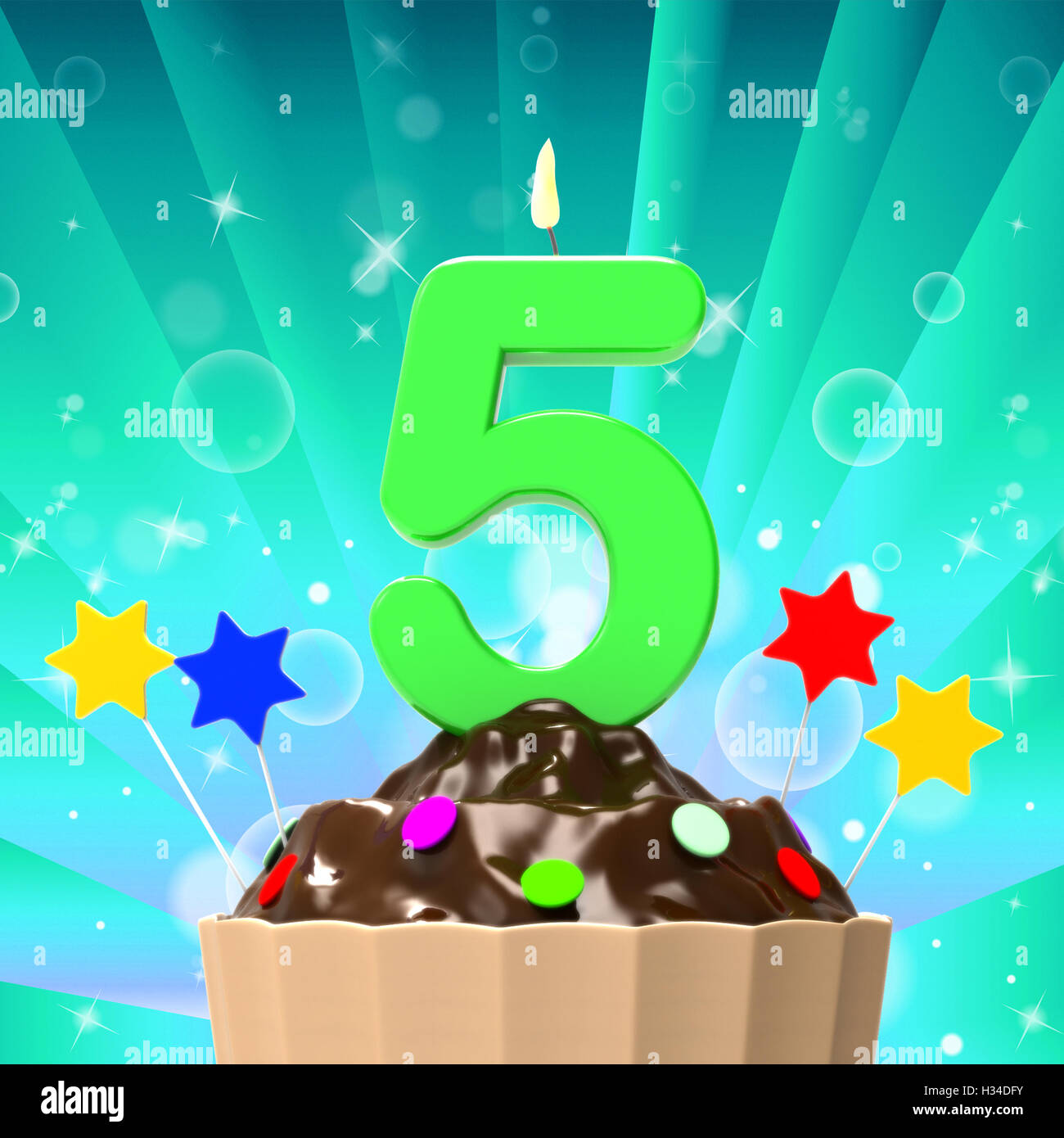 Five Candle On Cupcake Means Happiness And Celebration Stock Photo