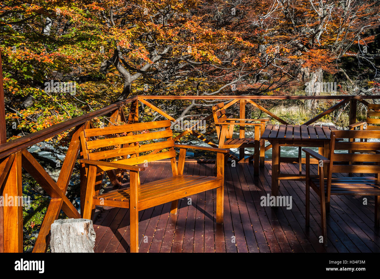 Benches on the observation deck in the Fall Perito Moreno National Park, Patagonia, Argentina. Stock Photo
