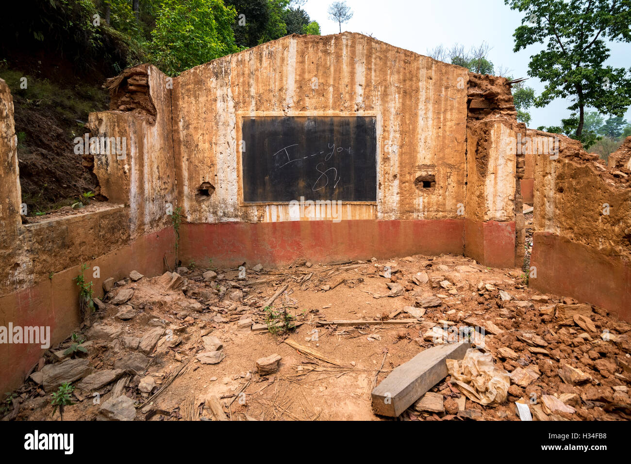 Ruins of a damaged school class in Kavrepalanchowk district, Nepal. Stock Photo