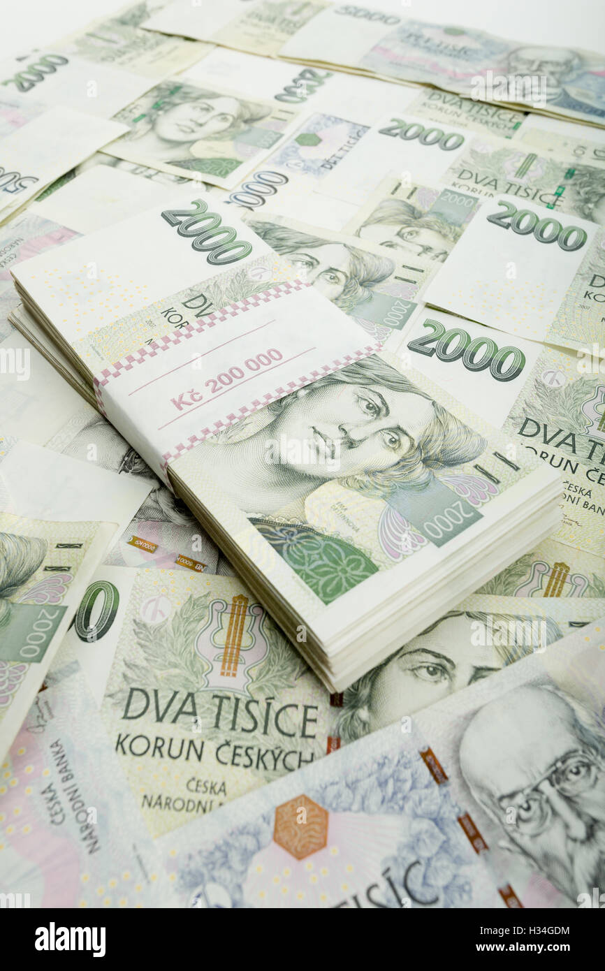 czech banknotes nominal value two and five thousand crowns. 300 000 Kc is approximately 12 450 US dollars (USD) or 11 100 Euro ( Stock Photo