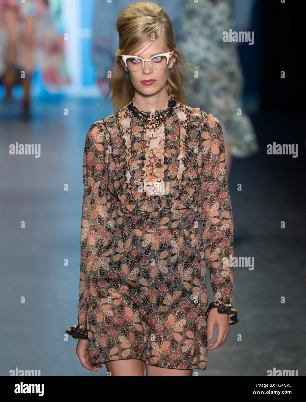 NEW YORK, NY - SEPTEMBER 14, 2016: A model walks the runway at the Anna Sui Spring Summer 2017 fashion show during NYFW Stock Photo