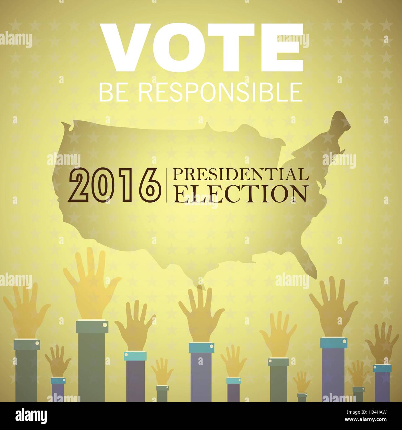 Digital vector usa presidential election 2016 with vote be responsible and hands in the air, flat style Stock Vector