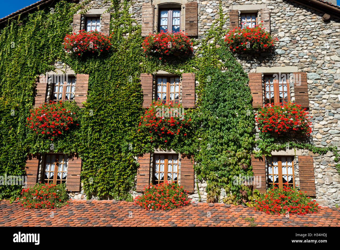 Windows with flower boxes and ivy, medieval historic village of Yvoire