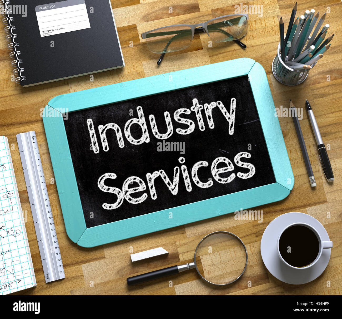 Small Chalkboard with Industry Services. 3D. Stock Photo