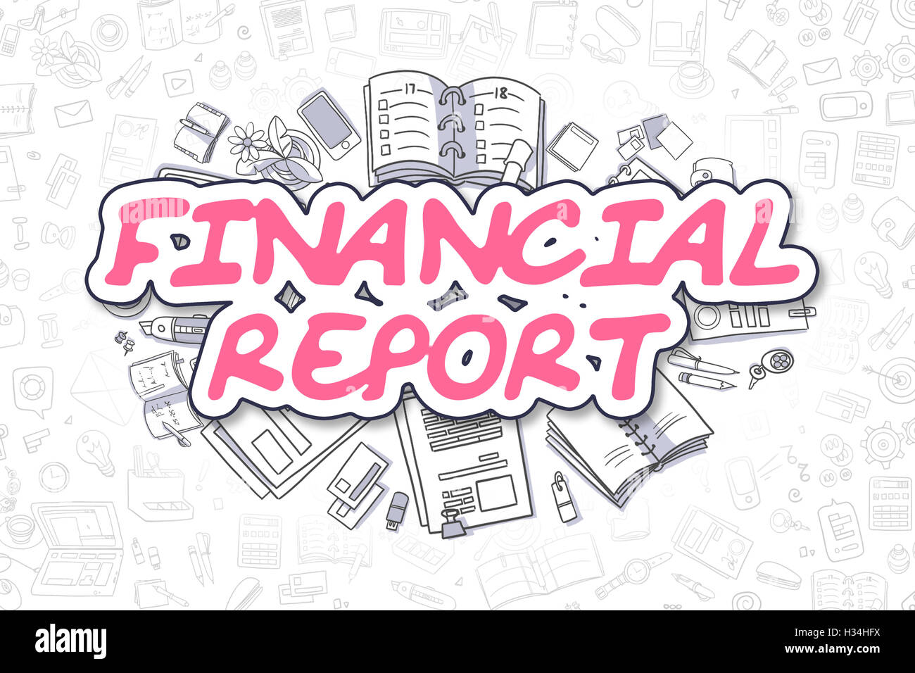 Financial Report - Doodle Magenta Text. Business Concept. Stock Photo