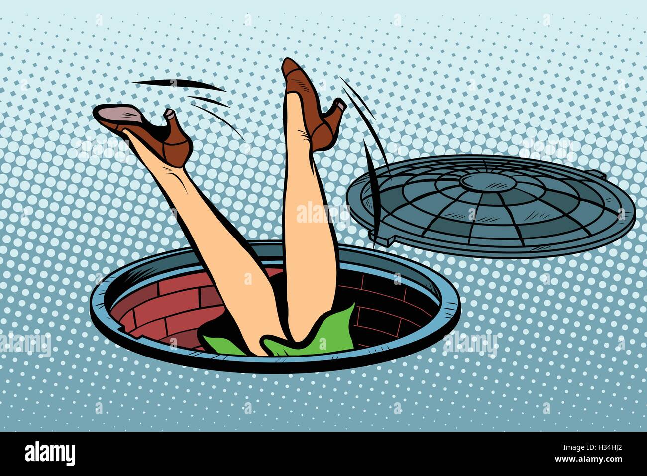 Retro woman fell into a manhole of the city sewer Stock Vector