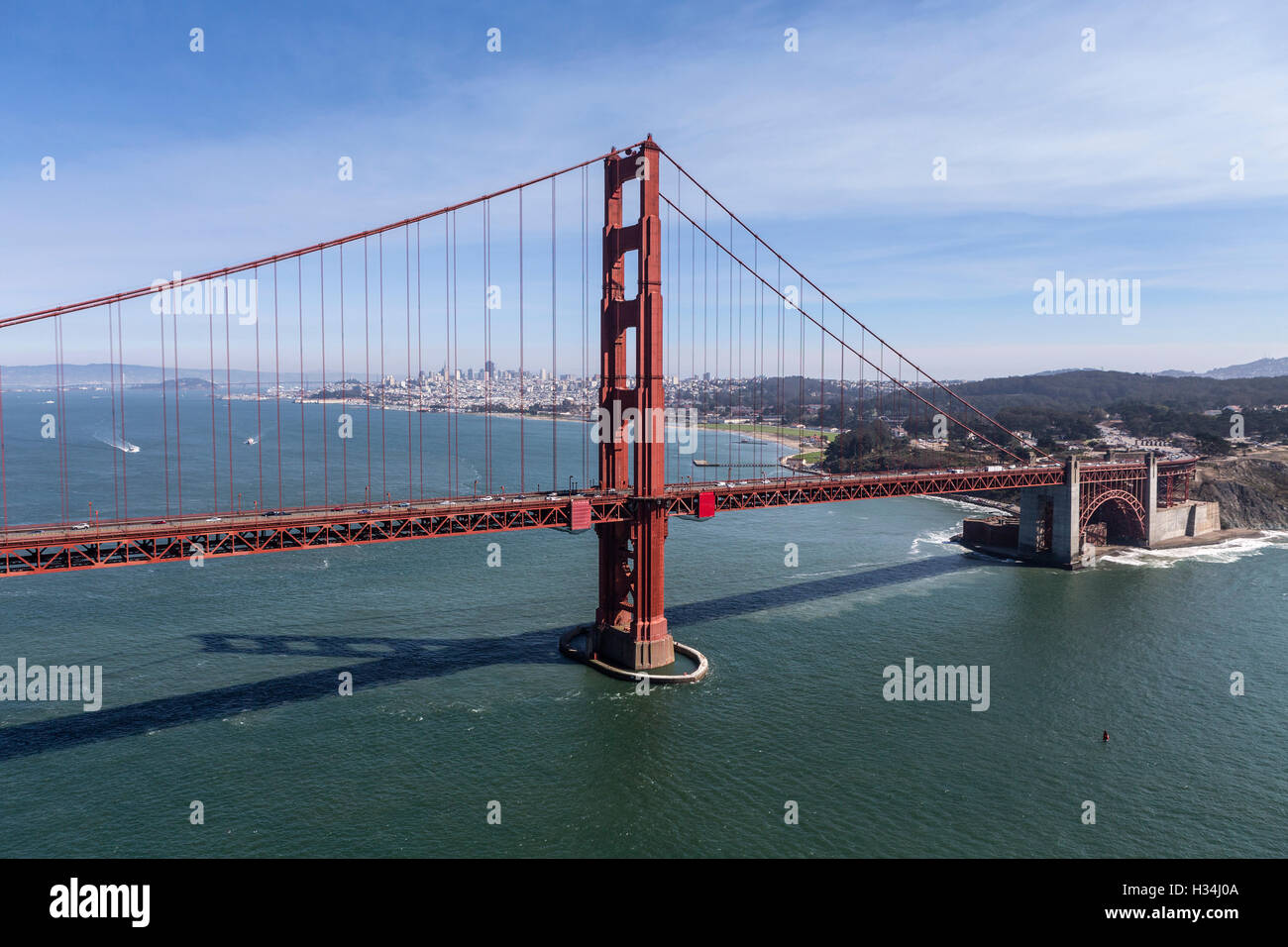 Aerial view of the Golden Gate Bridge with San Francisco in background. Stock Photo