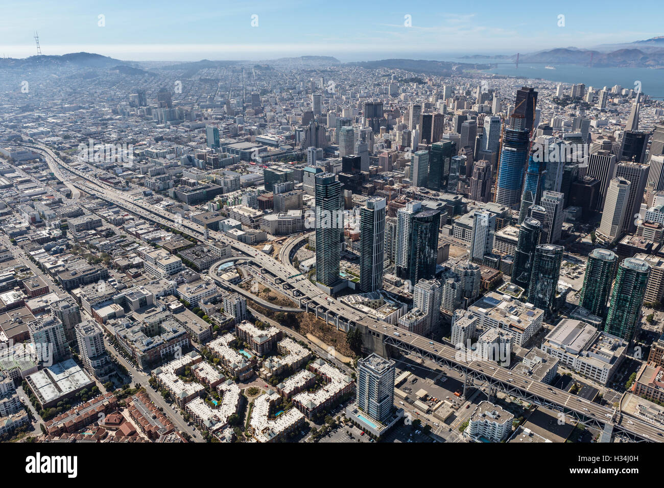 Aerial view of the end of Interstate 80 in downtown San Francisco, California. Stock Photo