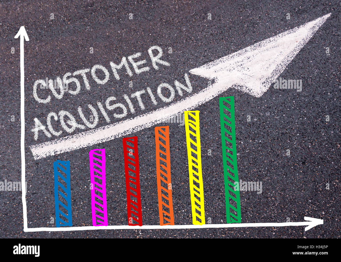 Customer Acquisition written with chalk on tarmac over colorful graph and rising arrow, business marketing and creativity Stock Photo