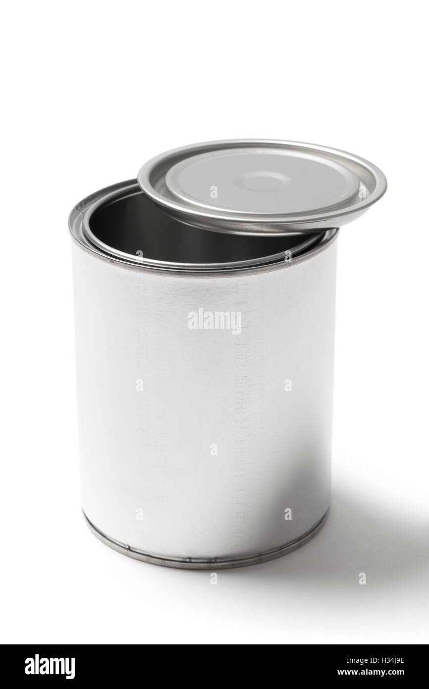 Blank metallic paint can with an open lid isolated on white background with a clipping path. Stock Photo