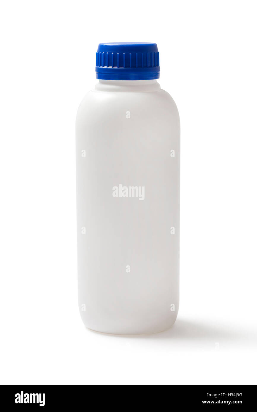 Closed white plastic bottle with blue cap and clipping path isolated on ...