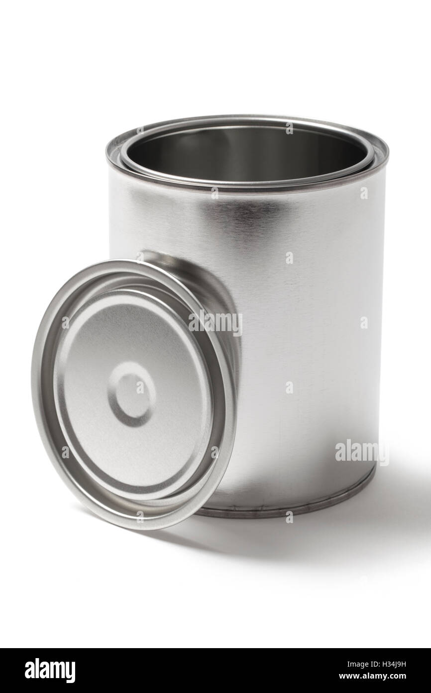 Blank metallic can for paint with an open lid isolated on white background with a clipping path. Stock Photo