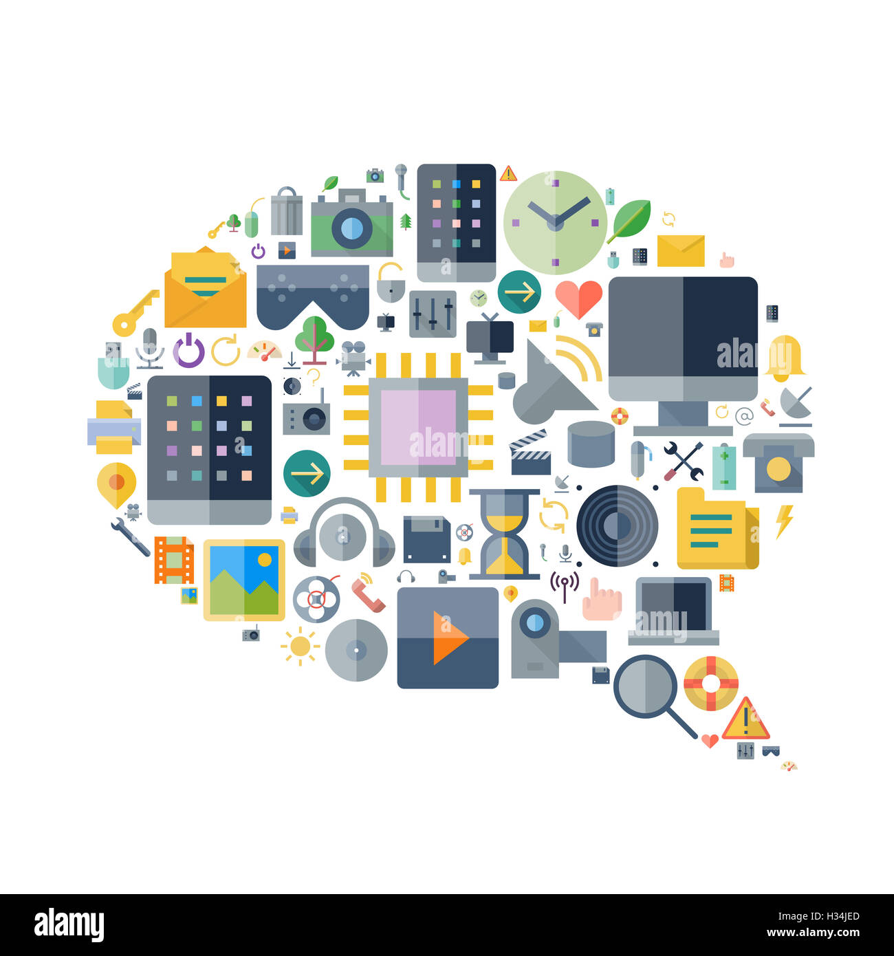Icons for technology and electronic devices arranged in speech bubble ...