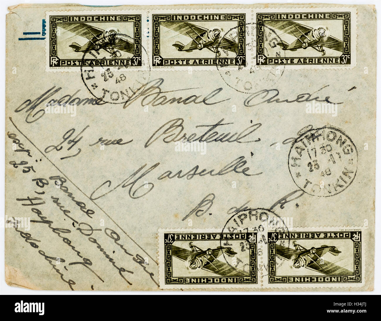 1948 Indo-China air-mail letter from Haiphong Tonkin addressed to France. Stock Photo