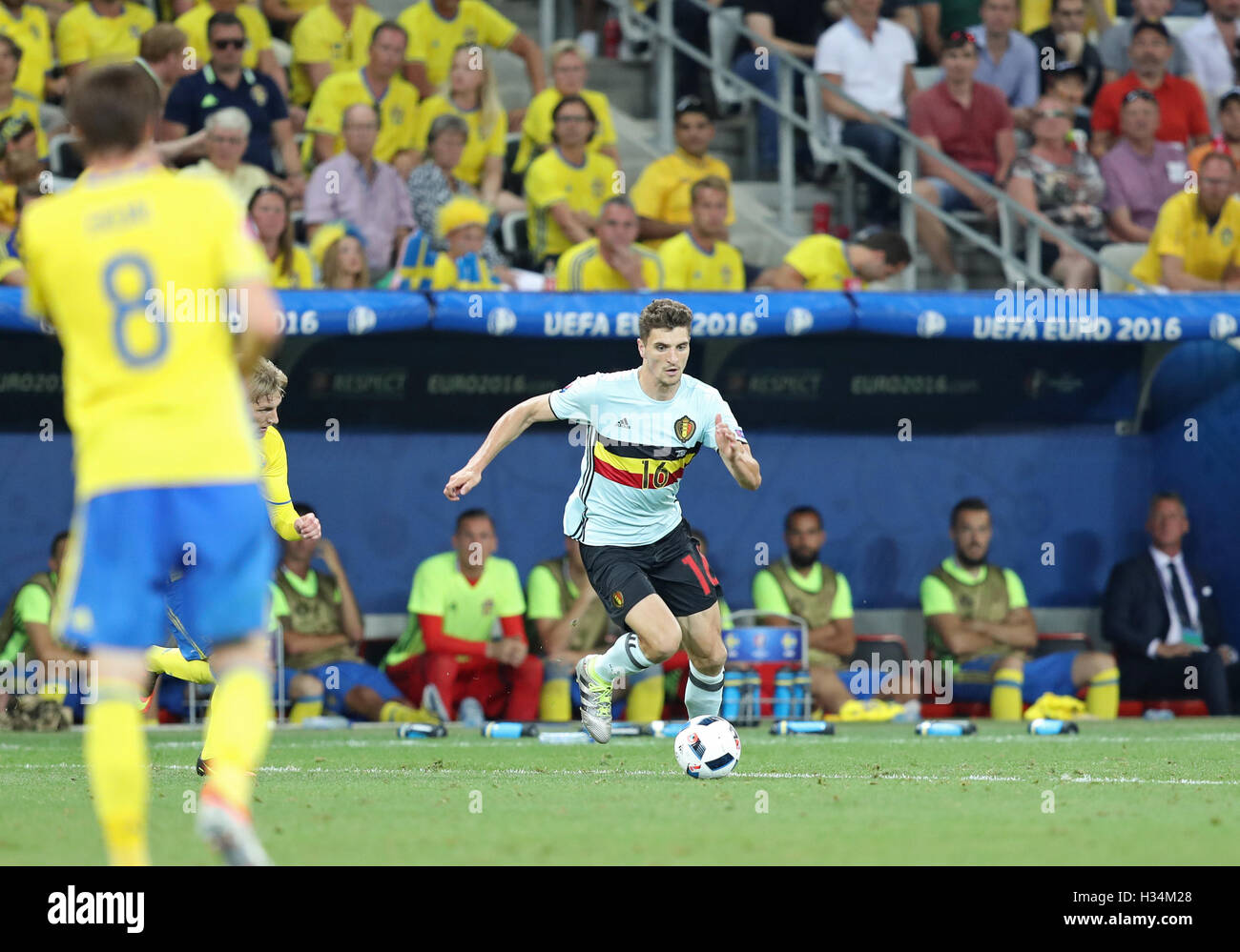 NICE, FRANCE - JUNE 22, 2016: Thomas Meunier of Belgium controls a ball during UEFA EURO 2016 game against Sweden at Allianz Riviera Stade de Nice, City of Nice, France Stock Photo