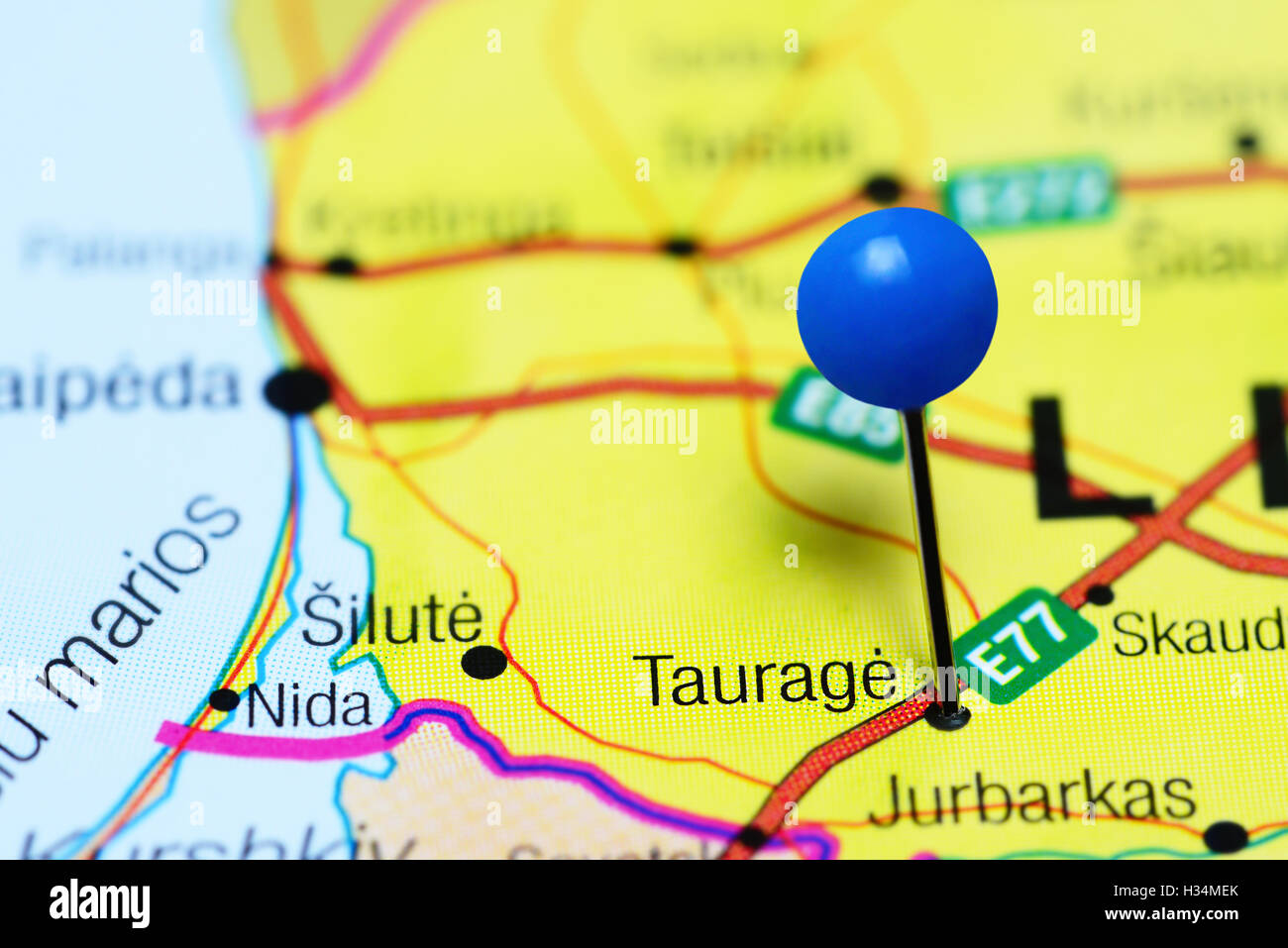 Taurage pinned on a map of Lithuania Stock Photo