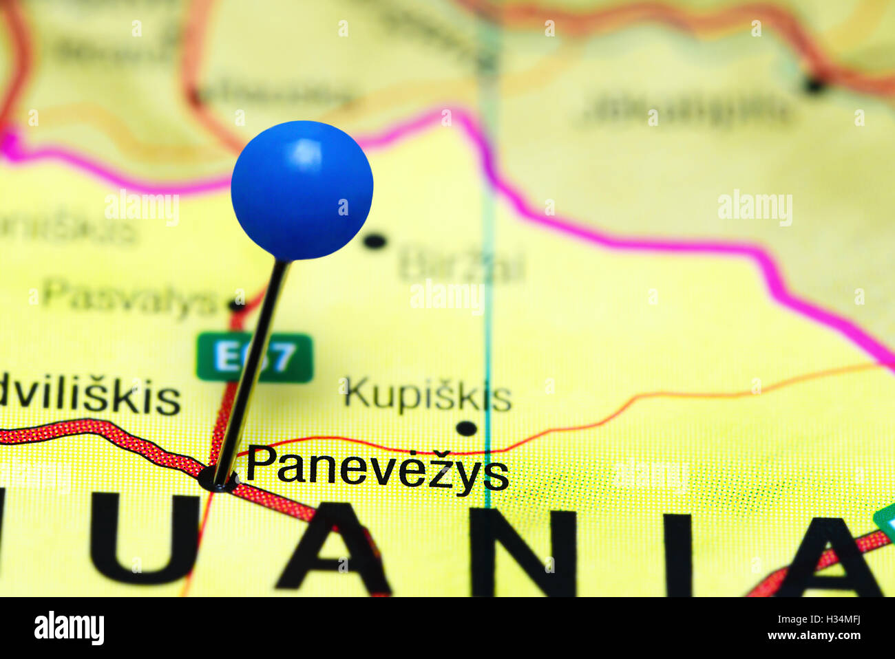 Panevezys pinned on a map of Lithuania Stock Photo