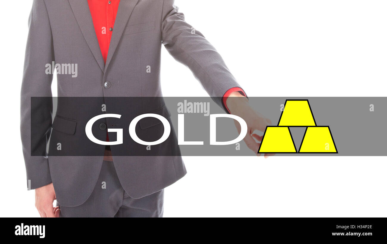 Young businessman with gold sign isolated on white background Stock ...
