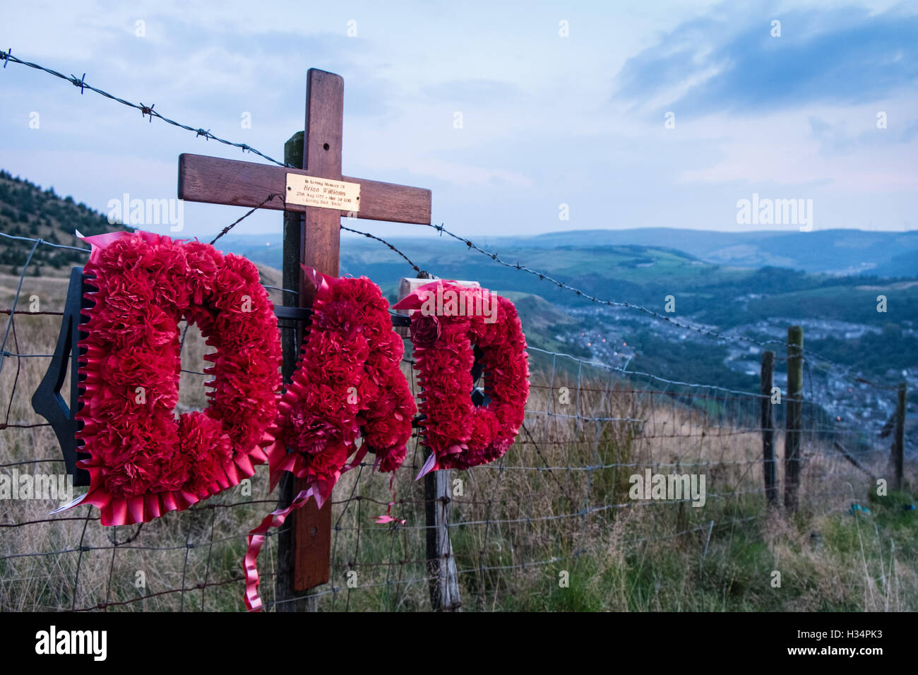 A hillside memorial overlooking the Rhondda Valley Stock Photo