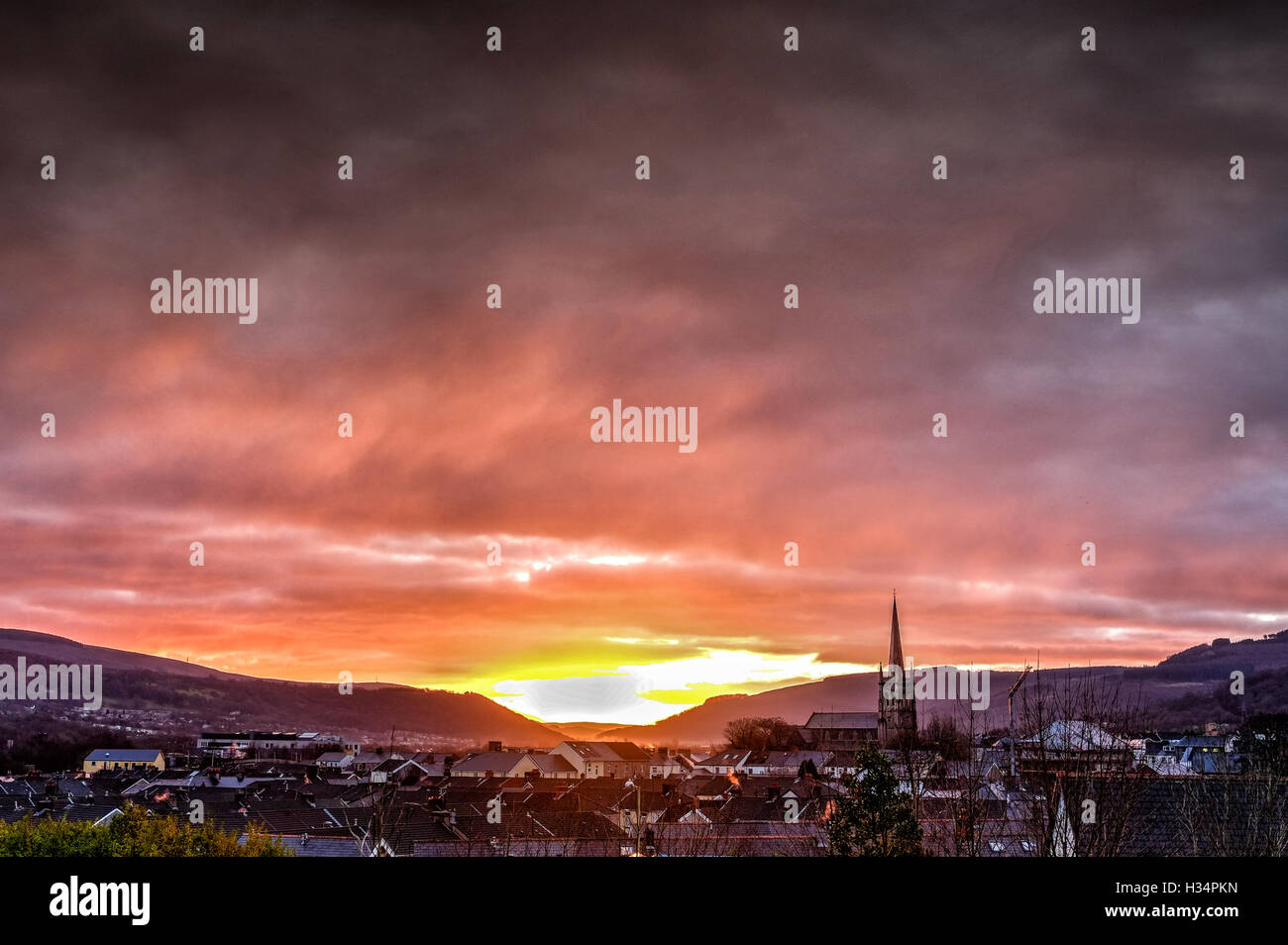 Dawn view across Aberdare in the South Wales Valleys Stock Photo