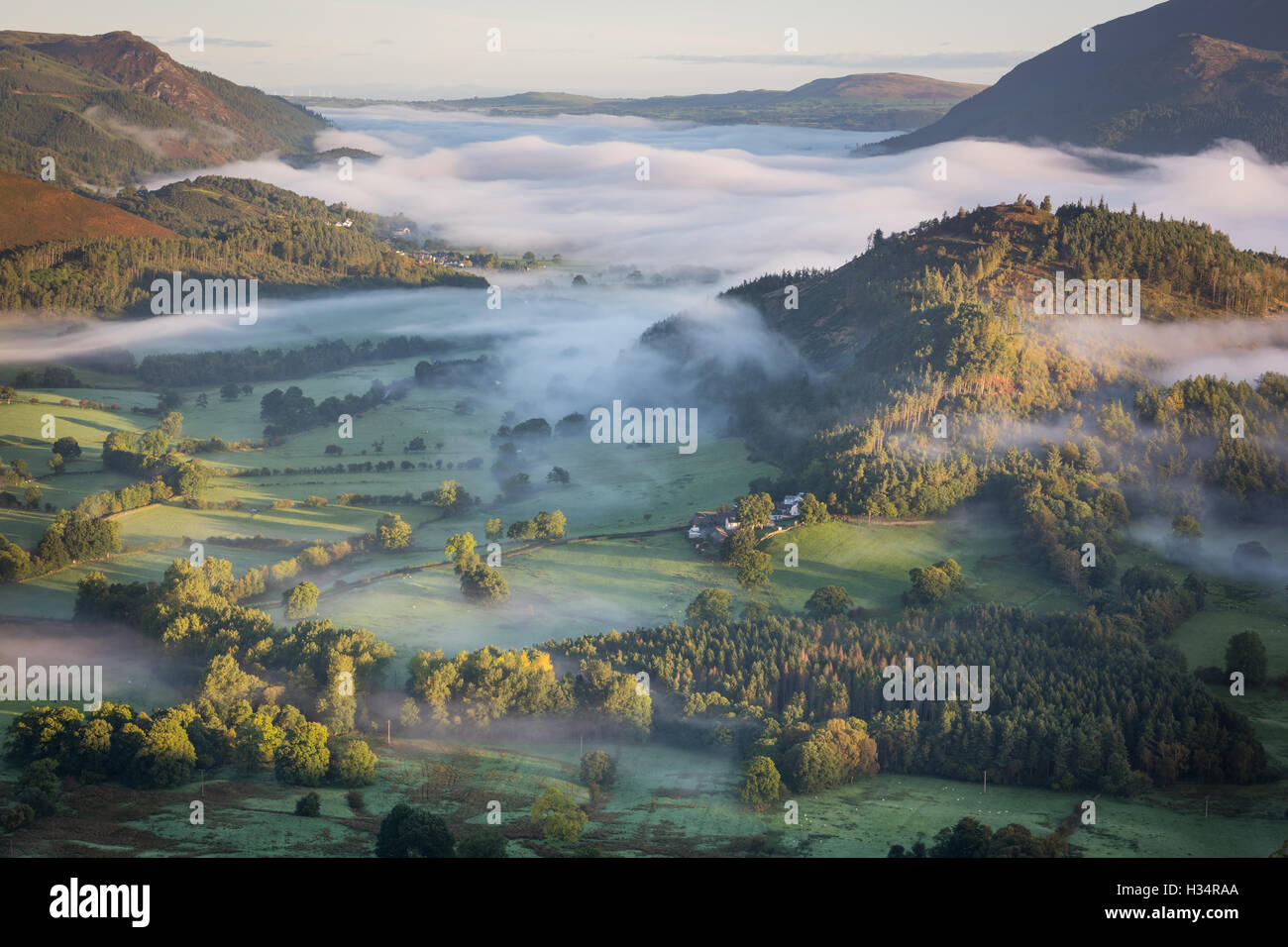 Autumn morning mist and cloud over the Newlands Valley, Swinside and Bassenthwaite, English Lake District national park Stock Photo