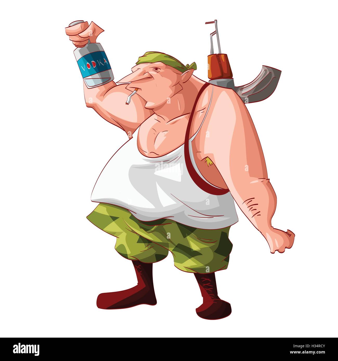 Colorful vector illustration of a cartoon drunk rebel / separatist guerilla fighter. Wearing a bandana, white tank, cammo pants Stock Vector
