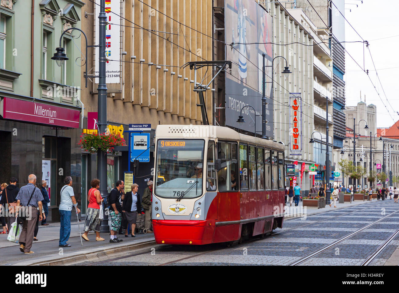 KATOWICE, POLAND - JULY 28, 2015: Red tram (model: Konstal 105N-2K) on the  street of Katowice. Silesian Interurbans system sprea Stock Photo - Alamy