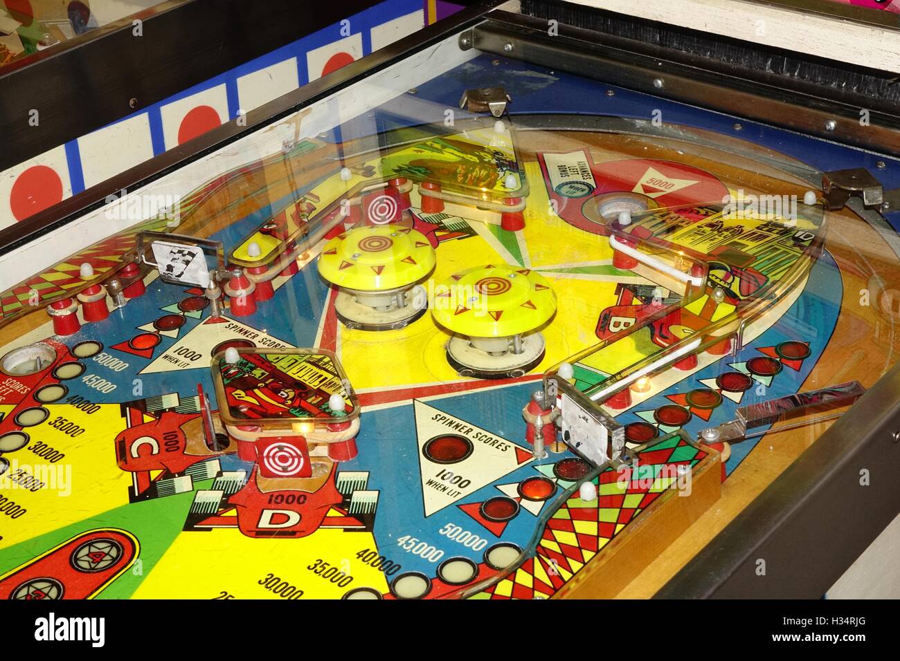 Playfield of a pinball machine showing bumpers, gates, cushions, targets and other features, Pinball Museum, Center in the Squar Stock Photo