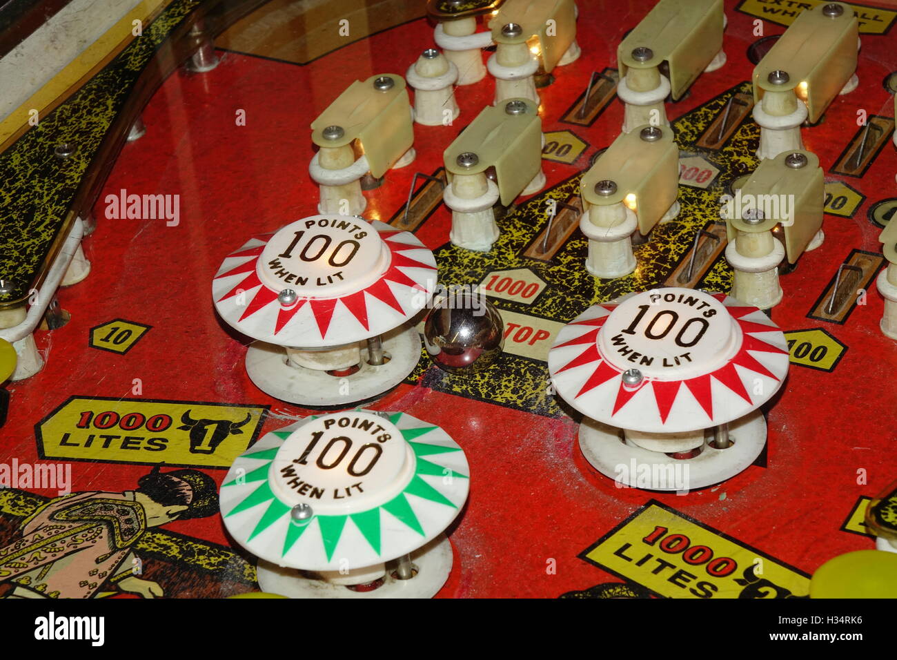 Steel ball hitting a bumper in a pinball machine, Pinball Museum, Center in the Square, Roanoke, Virginia Stock Photo